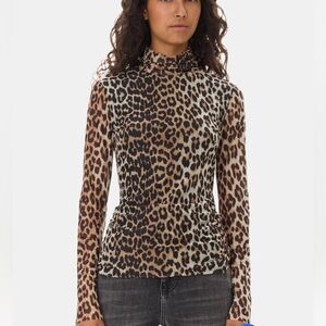 Ganni Leopard Printed Mesh Long Sleeve Rollneck